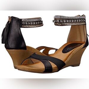 Patrizia Rho Black Rhinestone Wedge Sandals Size 37/6.5-7